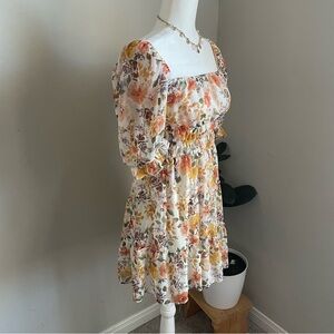 Trixxi Floral Tiered Mini Dress with Smocked Waist Hues of Yellow, Orange, Pink